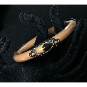 Vintage Tribal Bangle Bracelet Brown Celluloid w/ Horn Cabochons on Brass Bezels